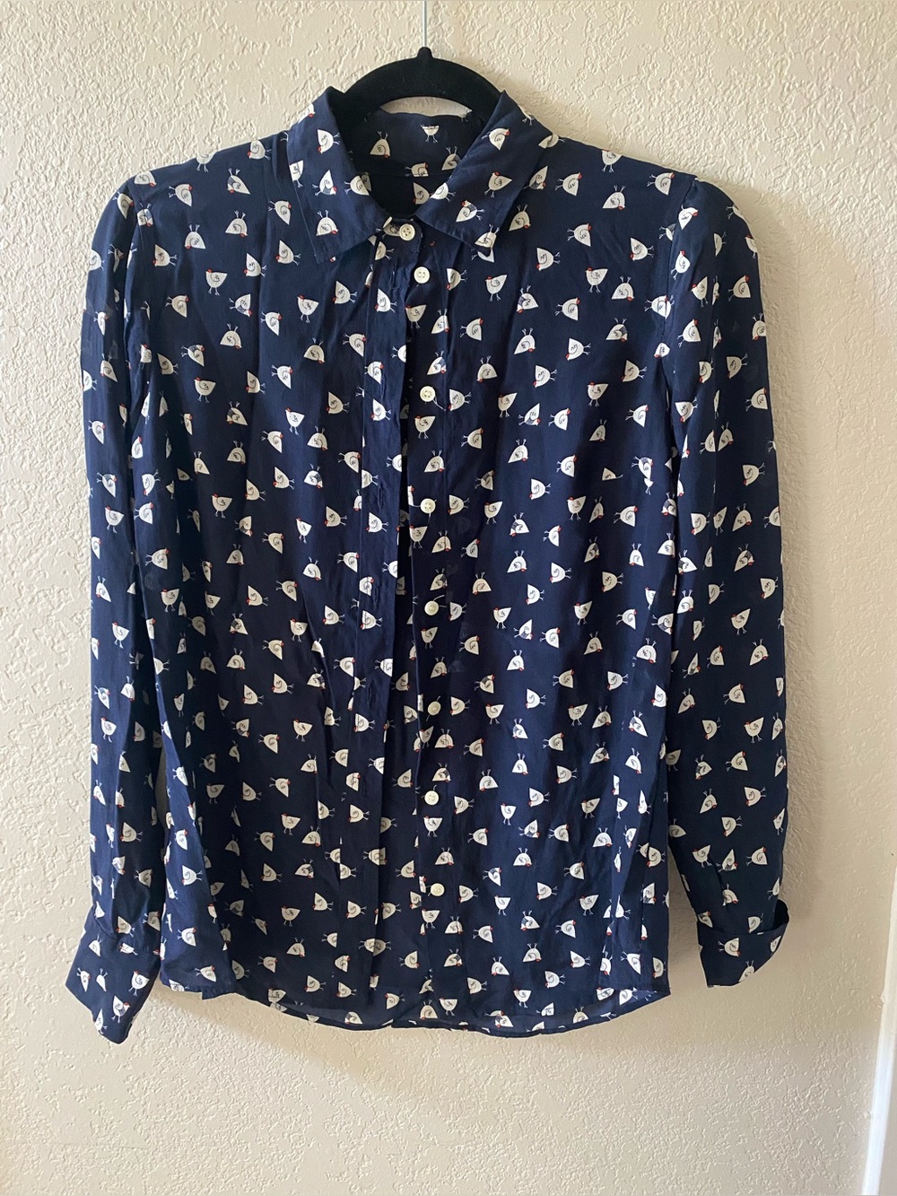 J.CREW French Hens 100% Silk Long Sleeve Navy Button Down Blouse Size XXS